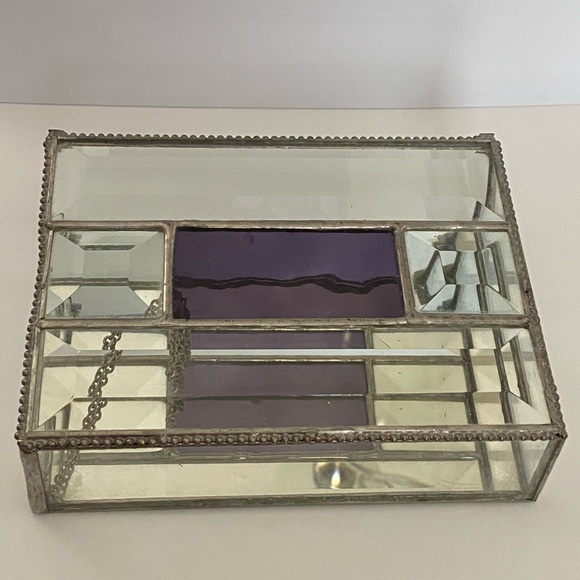 Vintage Jewelry Trinket Box Purple Stain Glass Clear Beveled Mirror Chain Hinged - Picture 9 of 12